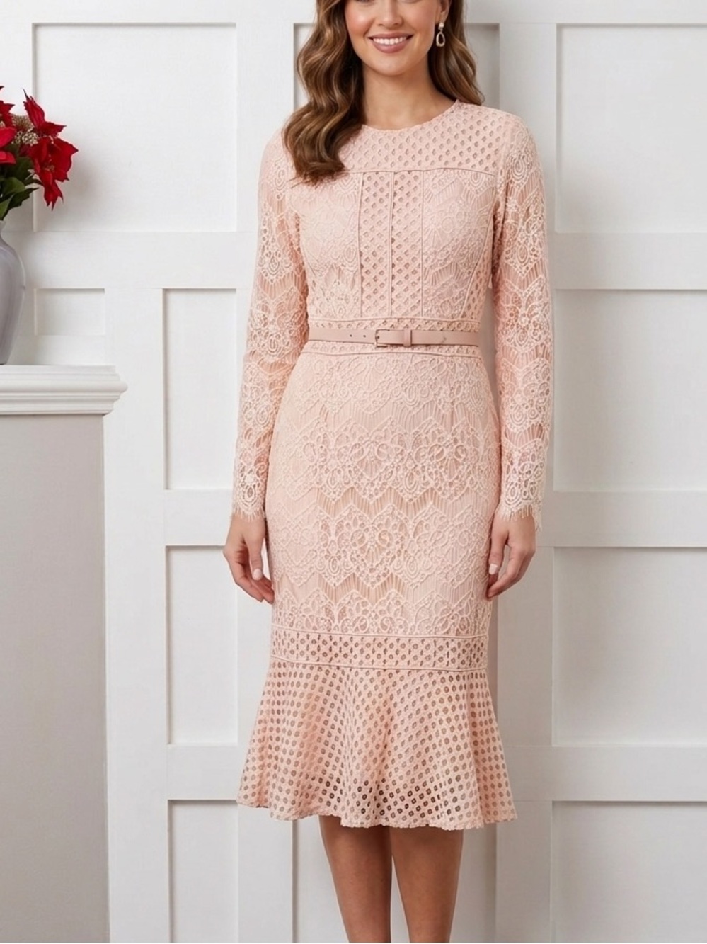 Dainty Jewells Blush Pink Intricate Lace Midi Dress - Medium